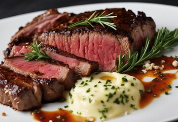 Sliced medium rare grilled Beef steak Ribeye with herb butter on white plate