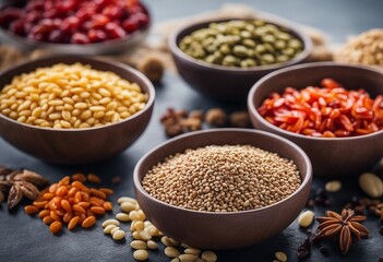 Fototapeta premium Superfoods and cereals selection in bowls quinoa chia goji berry mung bean buckwheat bean turmeric