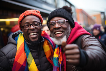 Generative AI illustration of smiling African American men with rainbow flags on shoulders wearing glasses hugging and looking at camera