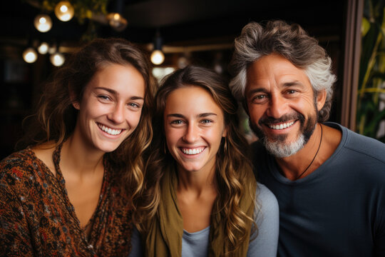 Generative AI illustration of portrait of cheerful mature man embracing smiling young daughters while spending family time together in restaurant