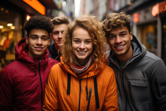 Generative AI illustration of group of cheerful young multiracial friends standing on town street between buildings and looking at camera