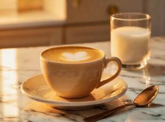 Cup of coffee with latte art next to glass of milk on kitchen counter at home in the morning, closeup photography