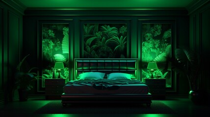 Green color luxury neon bedroom interior design wallpaper