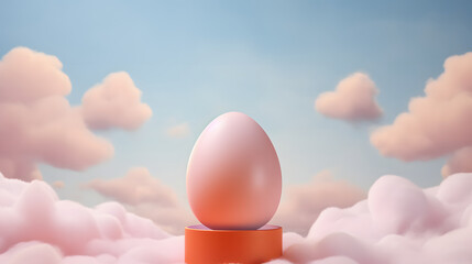 Easter egg on podium stand for product presentation and clouds on blue background. Mock up scene. Business Concept. Advertisement idea.