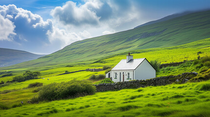 Fototapeta na wymiar Rolling green hills and a charming cottage on a sunny day