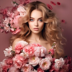 Portrait of beautiful young woman with a lot of flowers on pastel pink background. Beauty concept.