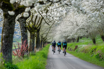 Obraz premium Beautiful spring scene of cyclists riding beneath blooming cherry trees, ideal for travel, wellness and outdoor lifestyle concepts.