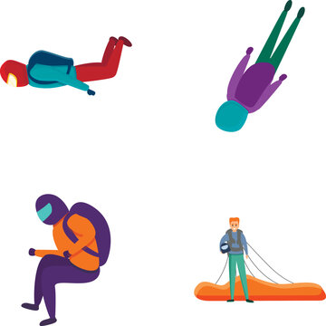 Parachute skydiver icons set cartoon vector. Various parachutist character. Extreme sport, hobby