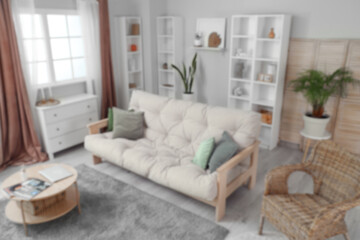 Blurred view of cozy living room with sofa, table and drawers