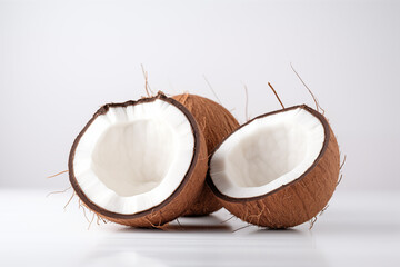 Photography with two coconuts on a white background. Minimalistic Ai generative image