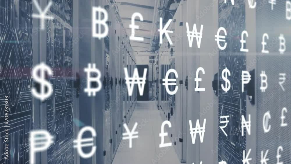 Poster animation of currency symbols and data processing over computer servers