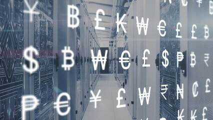 Animation of currency symbols and data processing over computer servers - Powered by Adobe