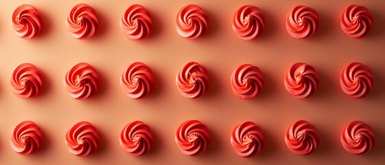 A pattern of crisp meringue kisses laid out in an orderly grid on a orange background. a top-down view of crisp meringue kisses in symmetrical pattern. 
