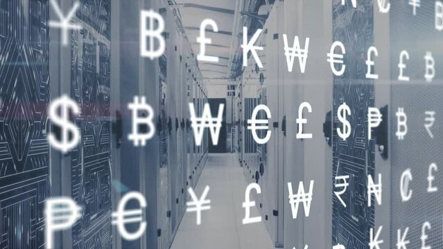 Animation of currency symbols and data processing over computer servers