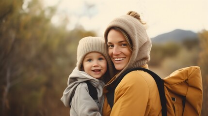 Mom and her cute little son, woman carrying the male child or kid on her back, both of them are smiling and looking at the camera. Walking outdoors in cold weather, motherhood concept, little boy
