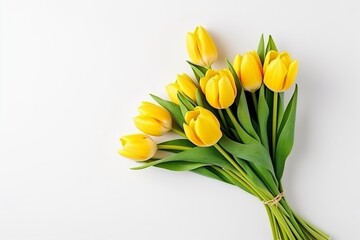 bouquet of beautiful yellow tulips on white background, flat lay and copy space - generative ai