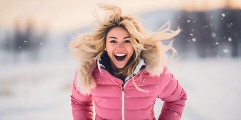 Fototapeta na wymiar Beautiful young girl with blonde hair having fun outdoors in the snowy winter, smiling and looking at the camera, wearing pink jacket. Female person enjoying cold weather outside,joyful lady in nature