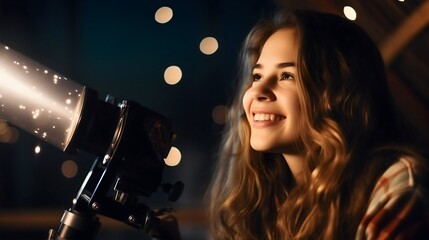 Close up photography of a young woman looking at the starry sky at night or evening through the optical telescope tripod astronomical instrument and smiling. Observing earth, stargazing, planets - obrazy, fototapety, plakaty