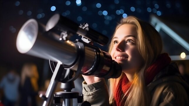 Close up photography of a young woman looking at the starry sky at night or evening through the optical telescope tripod astronomical instrument and smiling. Observing earth, stargazing, planets