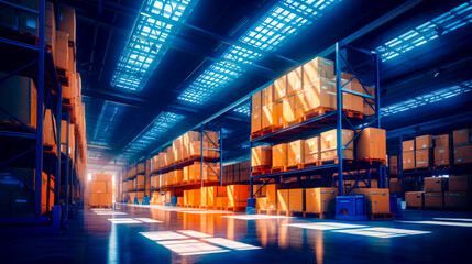 Large warehouse filled with lots of boxes and pallets of orange boxes. - obrazy, fototapety, plakaty