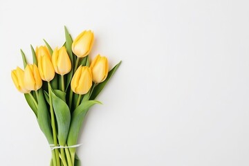 bouquet of beautiful yellow tulips on white background, flat lay and copy space - generative ai