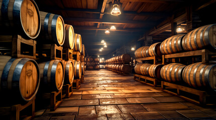 Room filled with lots of wooden barrels next to light fixture hanging from the ceiling. - Powered by Adobe