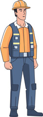 Construction worker standing confidently, protective helmet, blue and orange uniform. Skilled laborer, safety gear, construction site representation vector illustration.