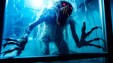 Giant monster with red eyes and sharp teeth in dark room with light from the ceiling.