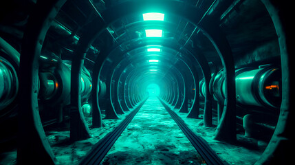 Tunnel is shown with train track going through the center of it. - obrazy, fototapety, plakaty