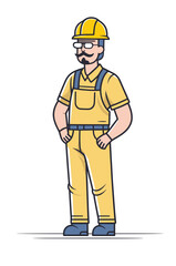 Smiling construction worker in yellow uniform standing confidently. Male builder with hard hat and overalls against white background. Professional construction job and safety at work vector