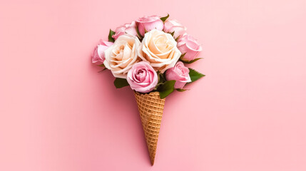 Delicious roses ice cream in a charming waffle cup
