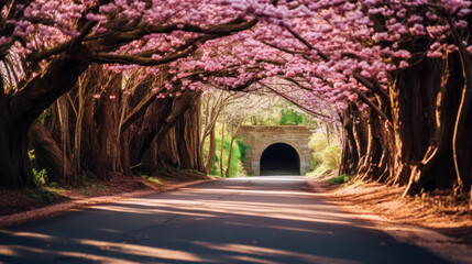 Obraz premium a road adorned with a captivating arch of cherry blossoms,