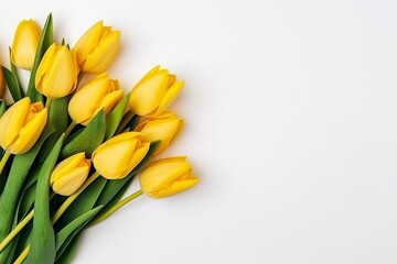 bouquet of beautiful yellow tulips on white background, flat lay and copy space - generative ai