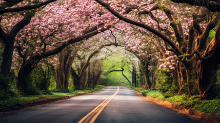 a road adorned with a captivating arch of cherry blossoms,