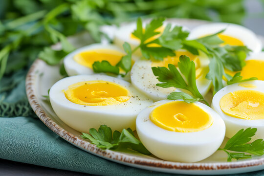 Plate with halved hard-boiled eggs sprinkled with pepper and garnished with parsley on a textured tablecloth.