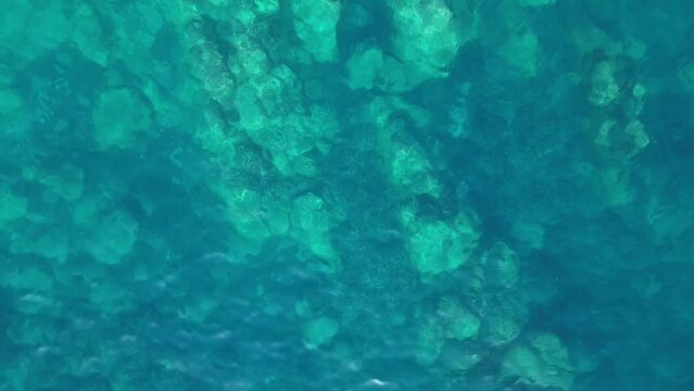 From above drone view of clear turquoise waters of the Côte d'Azur revealing underwater rocks