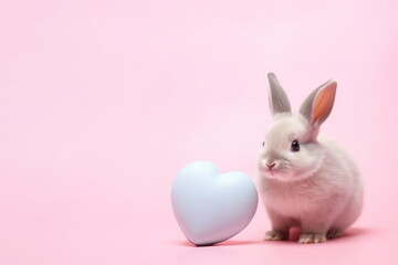Little bunny near large heart on a pink background with copy space for text. Valentines Day, Happy Easter concept for card, postcard, poster, banner.