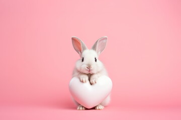 A cute white gray bunny holding a white heart on a pink background with copy space for text. Valentine's Day, Easter concept. For card, postcard, poster, banner.
