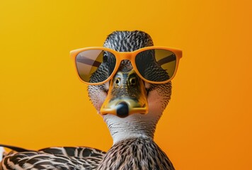 Duck With Sunglasses and Yellow Background. Generative AI.
