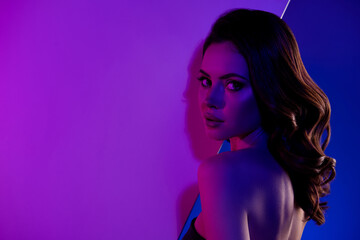 Fototapeta premium Photo of hot attractive lady have in night club disco flirt millionaire guy promoting vogue events occasion