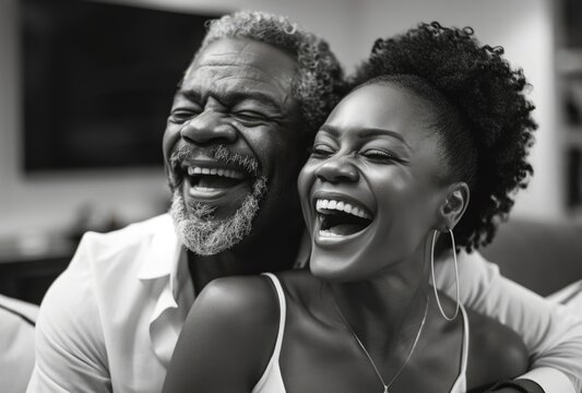 Black and White Photo of Smiling Man and Woman. Generative AI.