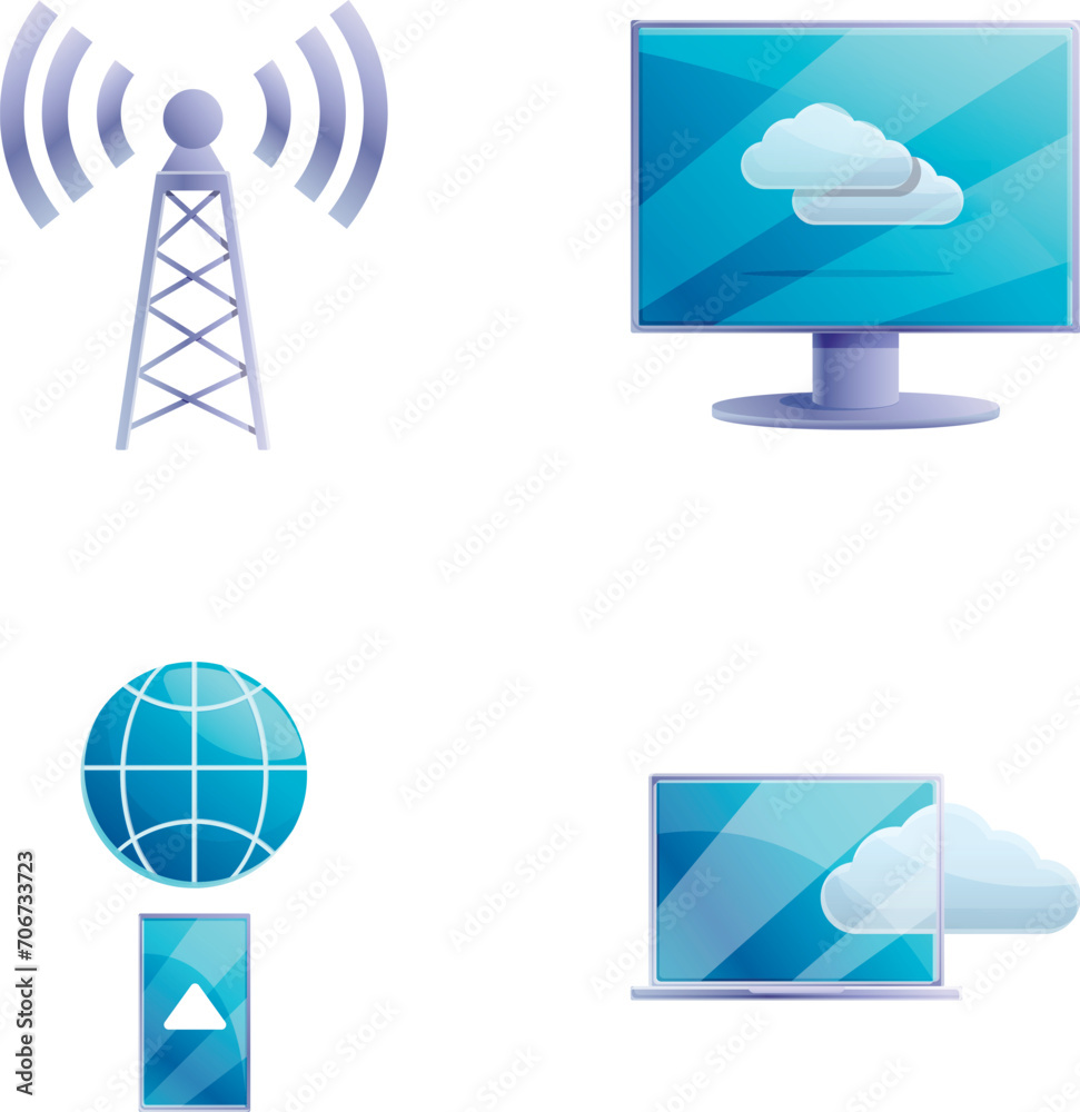 Poster wireless communication icons set cartoon vector. various communication device. transfer and storage 