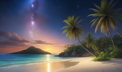 Fototapeta na wymiar beach on the background of tropical trees and rocks, evening atmosphere, landscape