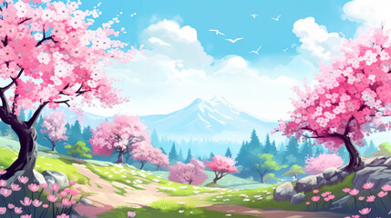 Obraz na płótnie Canvas a majestic volcano and blossoming sakura trees
