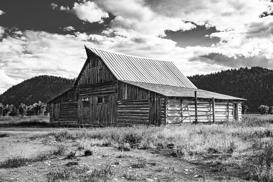 Monochrome image of the historic T. A. Moulton Barn in Grand Teton National Park Wyoming on Mormon Row. 
