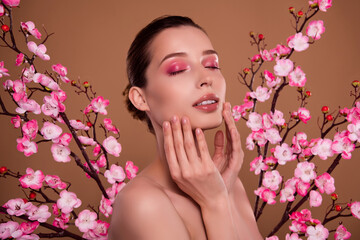 Photo of attractive stunning gorgeous lady touch apply elegance tradition asian make up visage...