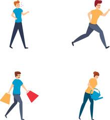 Fototapeta premium Occupation icons set cartoon vector. Man and woman busy with different things. Activity, pastime, hobby