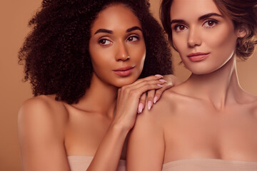 Photo of stunning gentle girls touch enjoy moisturizing pampering procedure over pastel color background