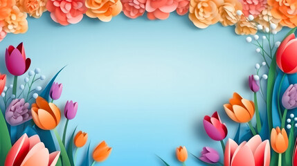 beautiful blooming flowers and tulips on a serene blue background.