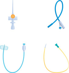 Venous catheter icons set cartoon vector. Intravenous cannula and catheter. Various injection device - obrazy, fototapety, plakaty